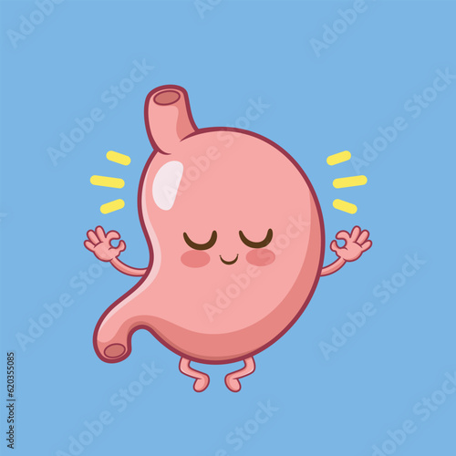 cute happy funny stomach organ meditate cartoon vector icon illustration