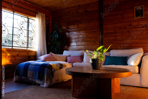Fotografie Interior of empty living room with couch and plant on table in log cabin