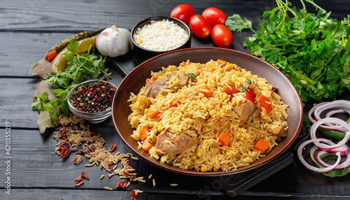 Uzbek pilaf and ingredients on black wooden background. Plov - rice prepared with vegetables and meat.