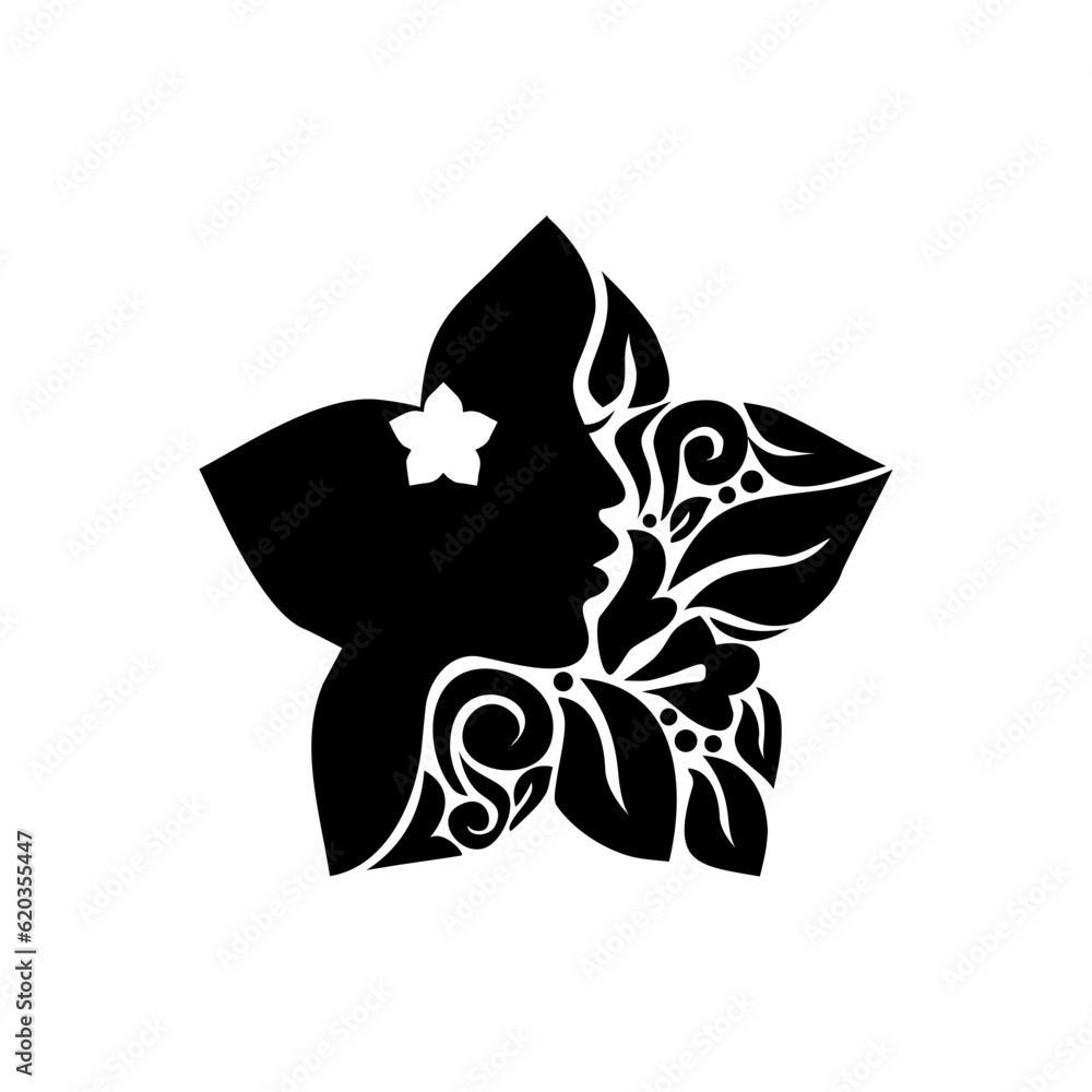 Ornamental Leaf, Flower, and Woman Face in the Flower-Shaped Illustration for Logo Type, Art Illustration or Graphic Design Element. Vector Illustration Ornamental Leaf, Flower, and Woman Face in the Flower-Shaped Illustration for Logo Type, Art Illustration or Graphic Design Element. Vector Illustration