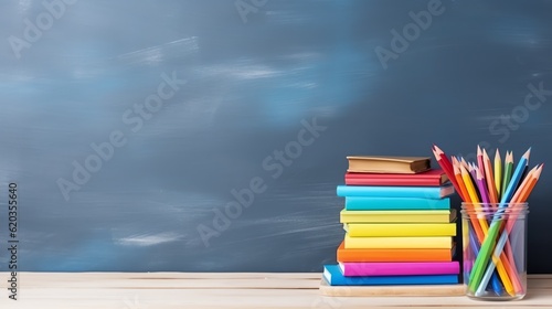 Colored pencils and books with chalkboard background. Back to school banner. Space for text.