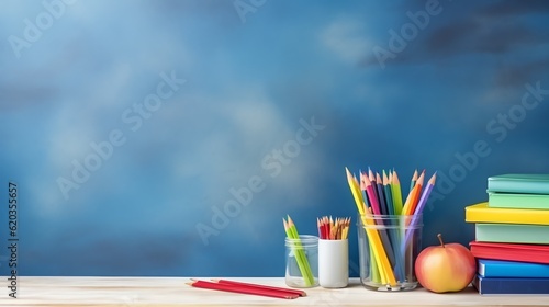 Colored pencils, colorful books and apple with chalkboard background. Back to school banner. Space for text.