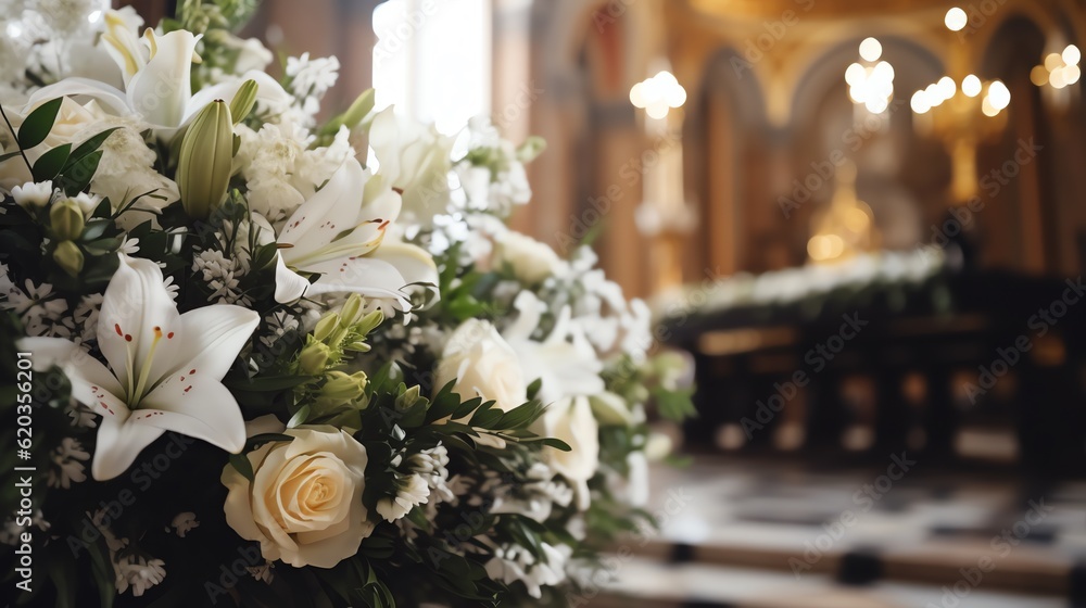Funeral casket with white flowers in a church - obrazy, fototapety, plakaty 
