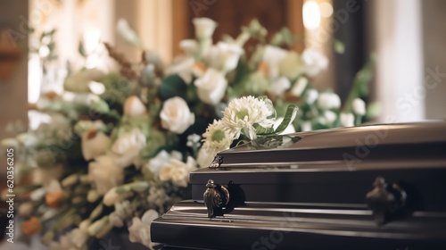 Funeral casket with white flowers in a church