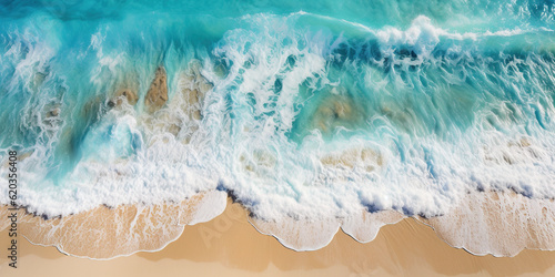 An aerial view of a beach with waves. Generative AI.