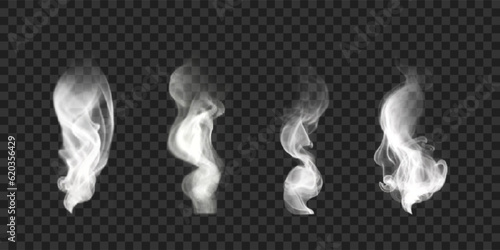 Set of vector icons of incense smoke. White wavy smoke effect isolated on transparent backdrop