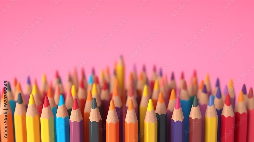 Fototapeta premium Colored pencils on pastel background, space for text