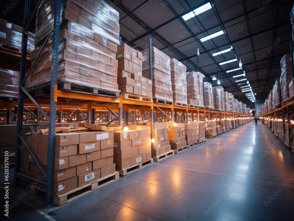 An indoor warehouse with parcels and merchandise on the rack, light from the roof windows and light bulbs. Generative AI An indoor warehouse with parcels and merchandise on the rack, light from the roof windows and light bulbs. Generative AI