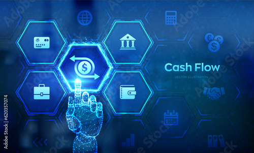 Cash flow Innovation technology business concept on virtual screen. Income growth, investment, wealth, financial management. Wireframe hand touching digital interface. Vector illustration.