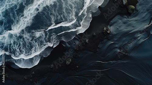 Fototapeta Naklejka Na Ścianę i Meble -  water lapping rocks, black sand, rough sea