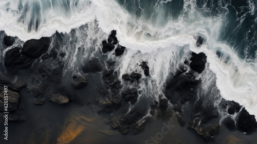 water lapping rocks, black sand, rough sea