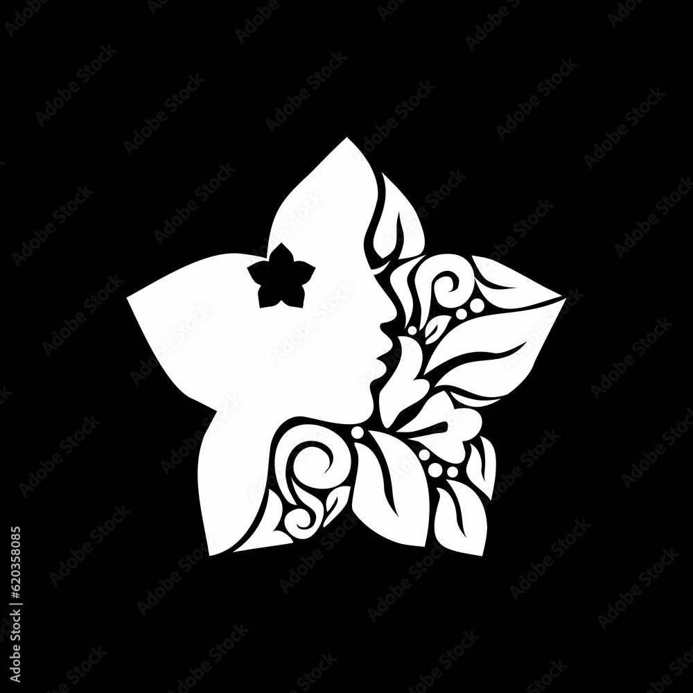 Ornamental Leaf, Flower, and Woman Face in the Flower-Shaped Illustration for Logo Type, Art Illustration or Graphic Design Element. Vector Illustration Ornamental Leaf, Flower, and Woman Face in the Flower-Shaped Illustration for Logo Type, Art Illustration or Graphic Design Element. Vector Illustration