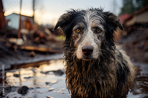 A wet dog standing in a puddle of water Fototapet