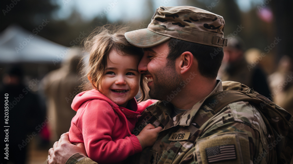 Fototapeta premium Embracing Love: A Soldier's Tender Hug with his Child