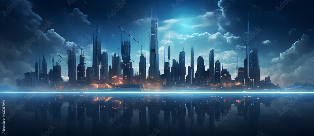 digital painting of city lights and water with clouds above Generated by AI