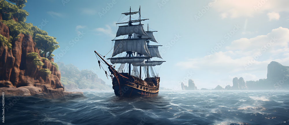 Obraz premium pirate ship sailing through the waters in a beautiful scene Generated by AI