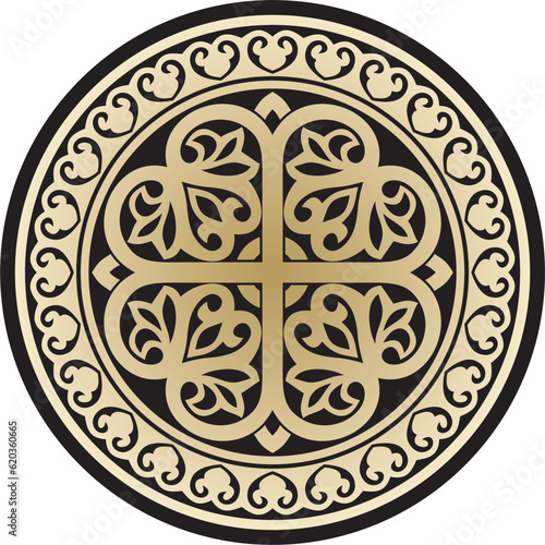 Vector gold and black round ancient Byzantine ornament. Classical circle of the Eastern Roman Empire, Greece. Pattern motifs of Constantinople..