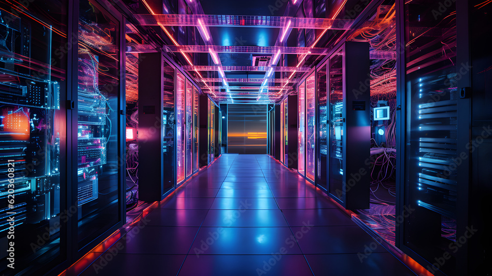 Data center with server racks, 3D concept illustration of information technology, cyber network,visualization of the future of technology storage cloud, neon data center, cloud system, colorful neon, 