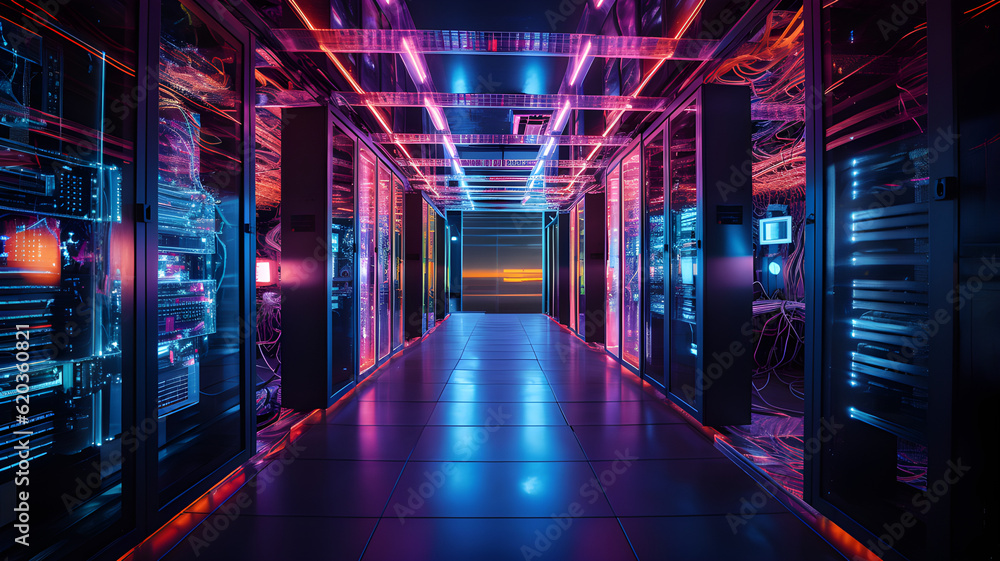 Data center with server racks, 3D concept illustration of information technology, cyber network,visualization of the future of technology storage cloud, neon data center, cloud system, colorful neon, Data center with server racks, 3D concept illustration of information technology, cyber network,visualization of the future of technology storage cloud, neon data center, cloud system, colorful neon,