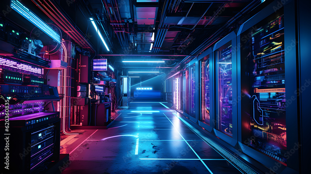 Data center with server racks, 3D concept illustration of information