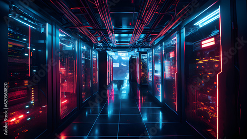 Data center with server racks, 3D concept illustration of information technology, cyber network,visualization of the future of technology storage cloud, neon data center, cloud system, colorful neon, 