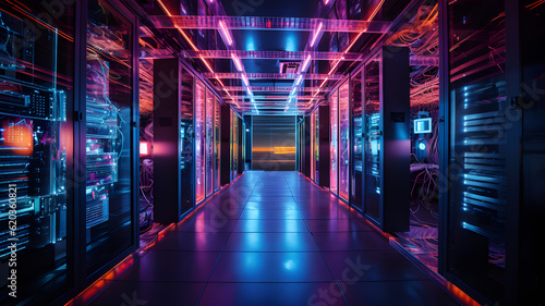 Data center with server racks, 3D concept illustration of information technology, cyber network,visualization of the future of technology storage cloud, neon data center, cloud system, colorful neon, 
