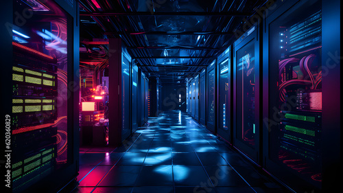 Data center with server racks, 3D concept illustration of information technology, cyber network,visualization of the future of technology storage cloud, neon data center, cloud system, colorful neon, 