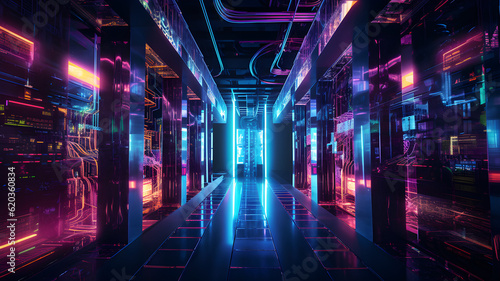 Data center with server racks, 3D concept illustration of information technology, cyber network,visualization of the future of technology storage cloud, neon data center, cloud system, colorful neon, 