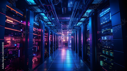Data center with server racks, 3D concept illustration of information technology, cyber network,visualization of the future of technology storage cloud, neon data center, cloud system, colorful neon, 