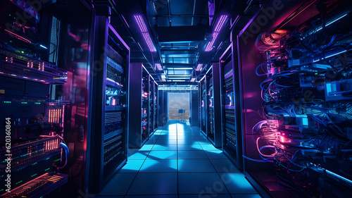 Data center with server racks, 3D concept illustration of information technology, cyber network,visualization of the future of technology storage cloud, neon data center, cloud system, colorful neon, 