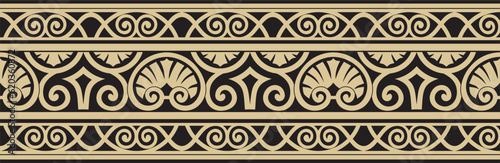 Vector gold and black seamless classic renaissance ornament. Endless european border, revival style frame..