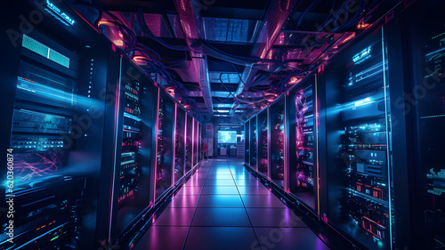 Data center with server racks, 3D concept illustration of information technology, cyber network,visualization of the future of technology storage cloud, neon data center, cloud system, colorful neon, 