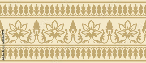 Vector seamless gold indian national ornament. Ethnic endless plant border. Flowers frame. Poppies and leaves..