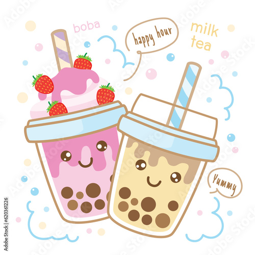 Love of Bubble tea flavors cup design collection, Pearl milk tea, Yummy drinks, Taiwan milk, Boba Bubble Milk Tea, Vector Illustration