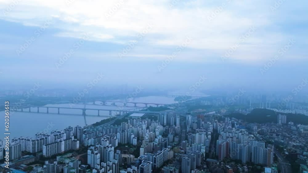 Drone View of Seoul city in South Korea, Sunrise in Han River 60fps summer Drone View of Seoul city in South Korea, Sunrise in Han River 60fps summer
