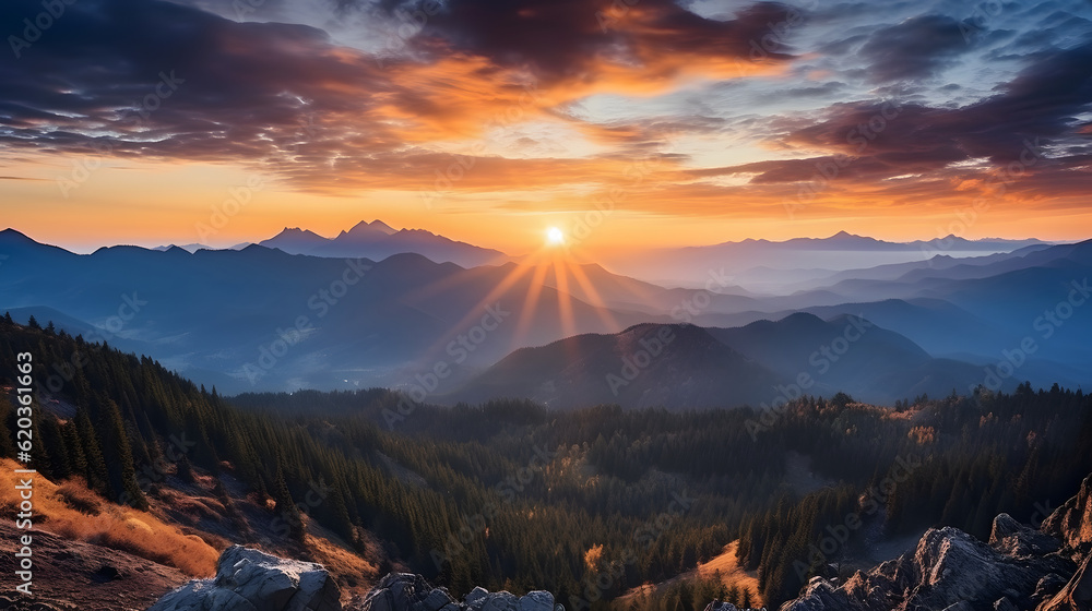 sunrise in the mountains with cloudy sky background