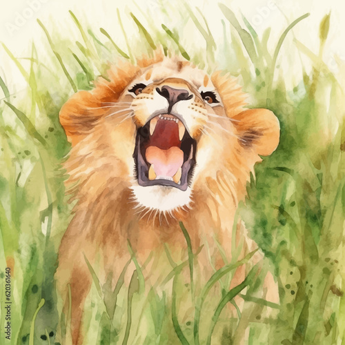 Roaring lion cartoon in watercolor painting style