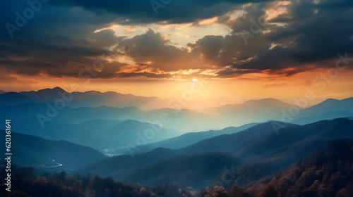 sunset in the mountains with cloudy background