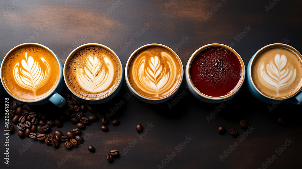 Top view of various types of specialty coffees with art design, and coffee beans. Generative AI.