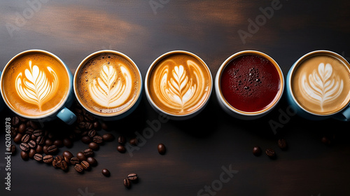 Obraz na płótnie Top view of various types of specialty coffees with art design, and coffee beans. Generative AI. w salonie