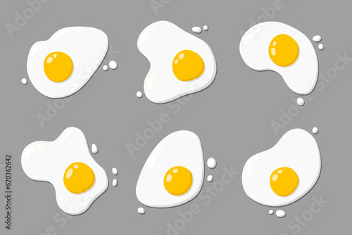 Set of different images of fried eggs on a gray background