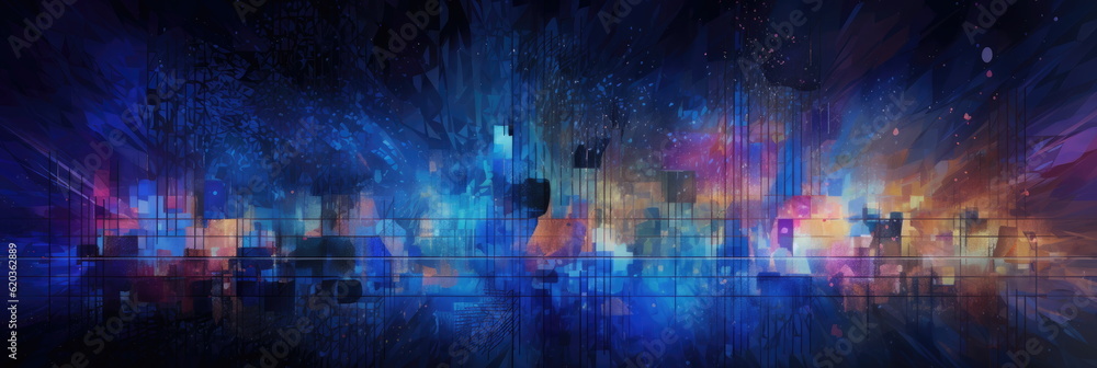 Abstract colorful background. Collective digital data, IoT, Dx transformation, digital horizon. Diverse entities represented by colors,. Generative AI based.