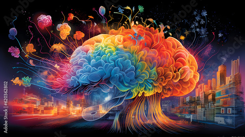human brain with computer, colorful