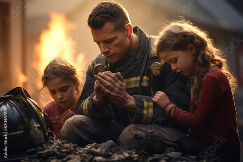 Firefighter Praying with Children 