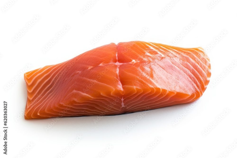 Fresh piece of salmon meat against a clean white background, highlighting its vibrant color and tender texture. Generative AI. Fresh piece of salmon meat against a clean white background, highlighting its vibrant color and tender texture. Generative AI.