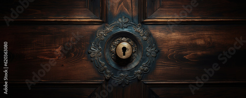 The master key hole. Security, vault, safe keeping concept. keyhole of old door or chest. Hand edited generative AI.  photo