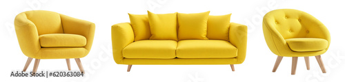Set of yellow cushion sofa, armchair isolated, sofa collection, generative AI