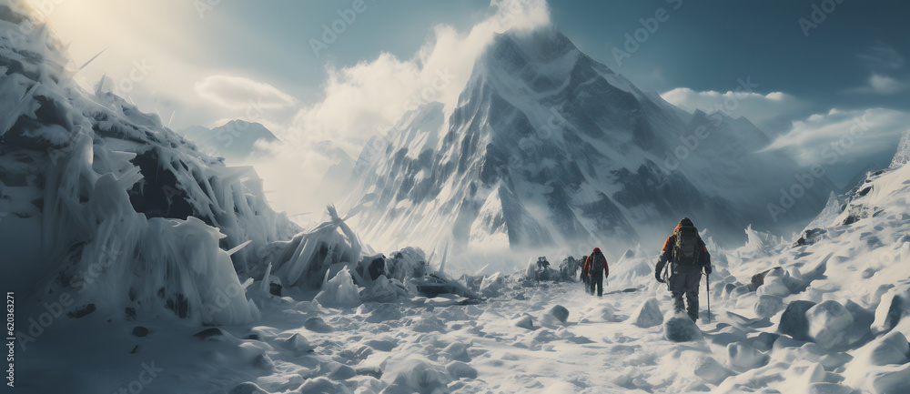 group of people hiking in snowy mountains by snow capped trees Generated by AI