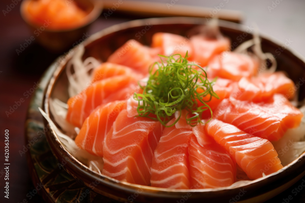 Fresh salmon sashimi, showcasing its vibrant color and exquisite texture, ready to delight sushi lovers. Generative AI. Fresh salmon sashimi, showcasing its vibrant color and exquisite texture, ready to delight sushi lovers. Generative AI.