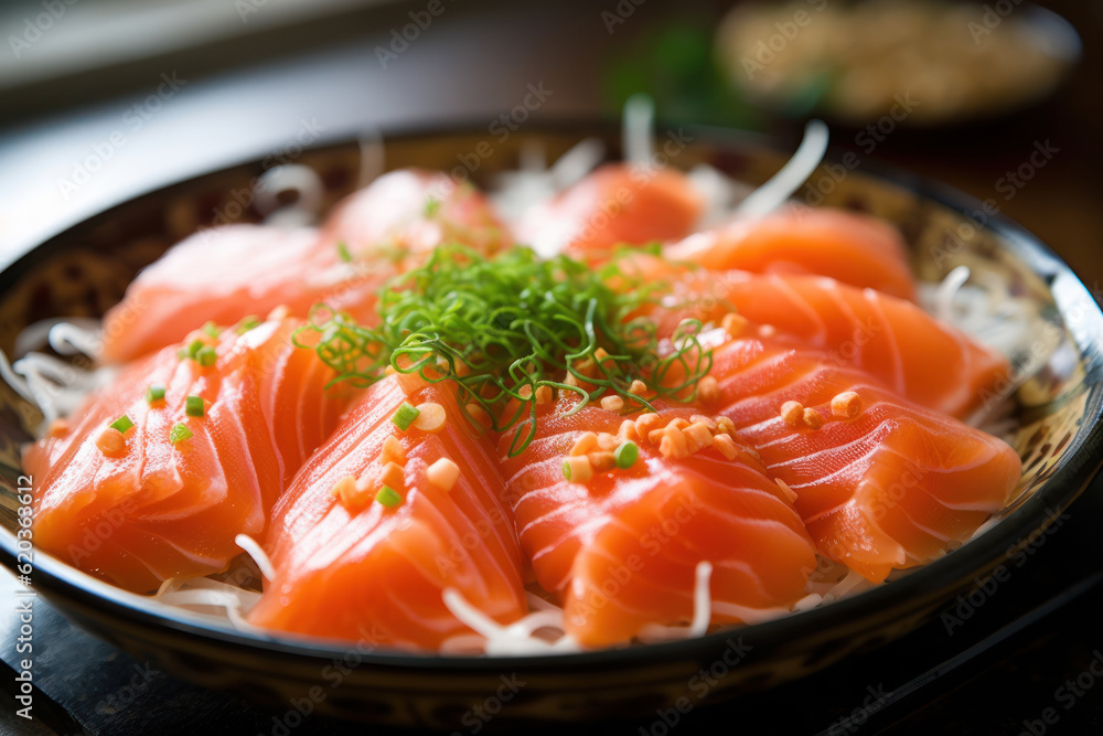 Fresh salmon sashimi, showcasing its vibrant color and exquisite texture, ready to delight sushi lovers. Generative AI. Fresh salmon sashimi, showcasing its vibrant color and exquisite texture, ready to delight sushi lovers. Generative AI.